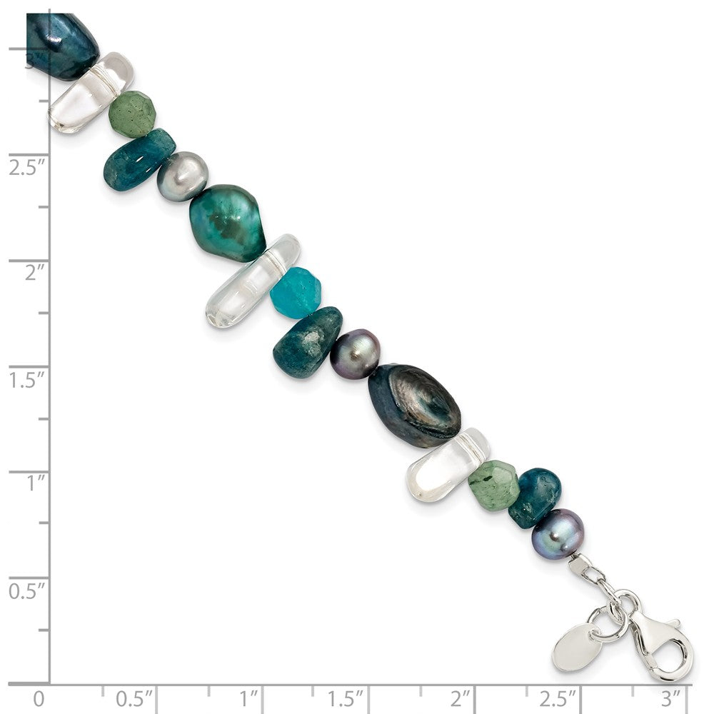 7.75 Inch Sterling Silver Aventurine, Synthetic Blue Quartz/Fwc Pearl Bracelet
