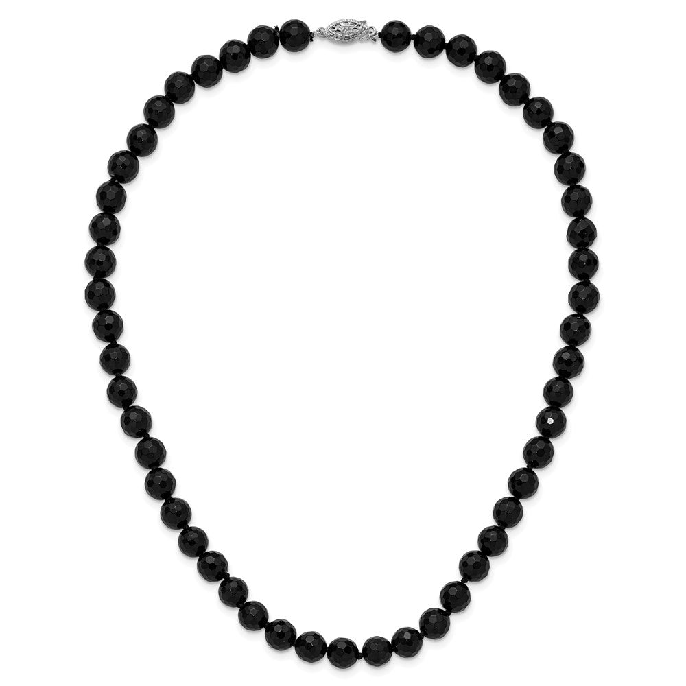 Sterling Silver Rhod-Pltd 8-8.5mm Faceted Black Agate Necklace