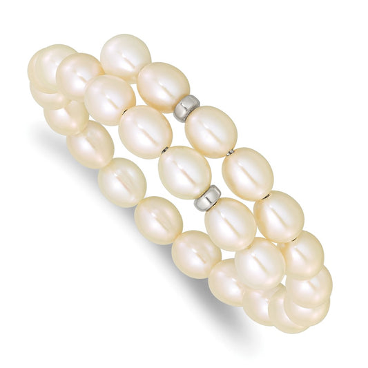 7.5 Inch Sterling Silver Rh 7-8mm White Rice Fw Cultured Pearl Flexible Bracelet