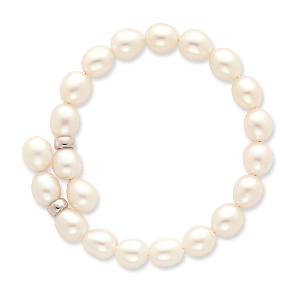 7.5 Inch Sterling Silver Rh 7-8mm White Rice Fw Cultured Pearl Flexible Bracelet