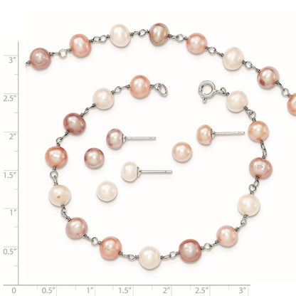 Sterling Silver Rh White/Pink/Purple Fwc Pearl Neck/Bracelet/Ear Set