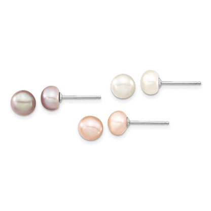 Sterling Silver Rh White/Pink/Purple Fwc Pearl Neck/Bracelet/Ear Set