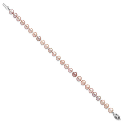 7.25 Inch Sterling Silver Rh-Plated 6-7mm Purple Fw Cultured Pearl Bracelet