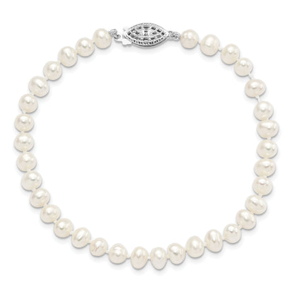 7.25 Inch Sterling Silver Rhodium 5-6mm White Freshwater Cultured Pearl Bracelet
