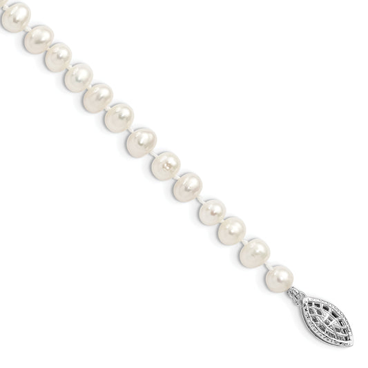 7.25 Inch Sterling Silver Rhodium 5-6mm White Freshwater Cultured Pearl Bracelet