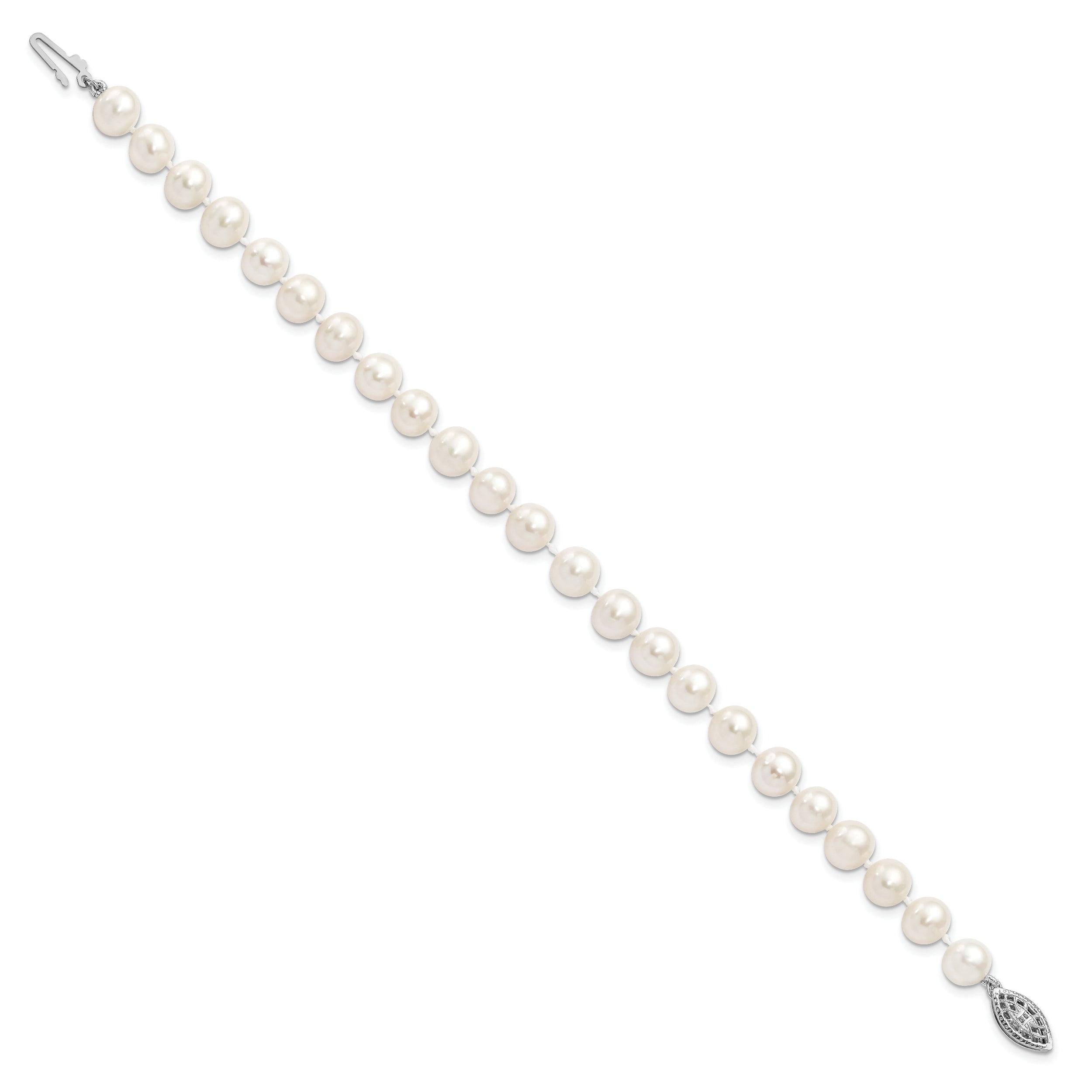 7.25 Inch Sterling Silver Rhodium 7-8mm White Freshwater Cultured Pearl Bracelet