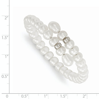 7.5 Inch Sterling Silver Rhodium-Plated Beads With 6-8mm Button And Rice Freshwater Cultured Pearls Flexible Wrap Bracelet
