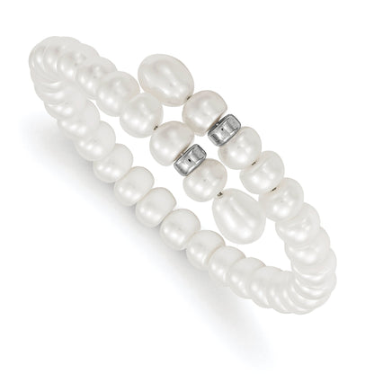 7.5 Inch Sterling Silver Rhodium-Plated Beads With 6-8mm Button And Rice Freshwater Cultured Pearls Flexible Wrap Bracelet