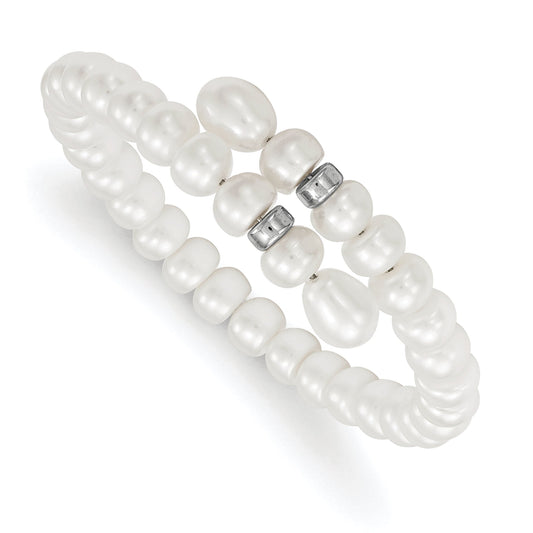 7.5 Inch Sterling Silver Rhodium-Plated Beads With 6-8mm Button And Rice Freshwater Cultured Pearls Flexible Wrap Bracelet