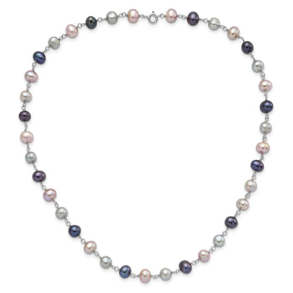 Sterling Silver Rh Grey/Pink/Black Fwc Pearl Neck/7.25 Brace/3Pc Earring