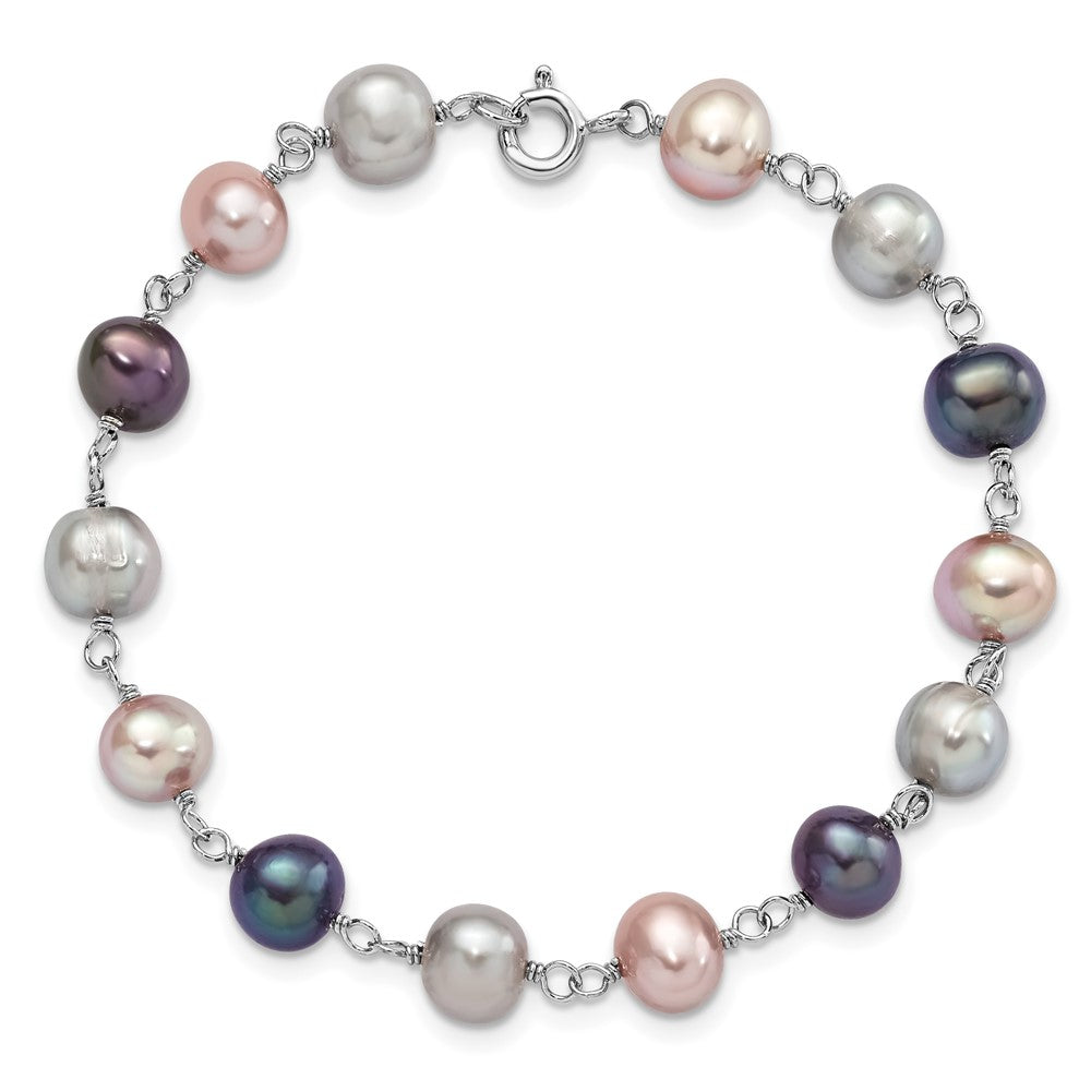 Sterling Silver Rh Grey/Pink/Black Fwc Pearl Neck/7.25 Brace/3Pc Earring