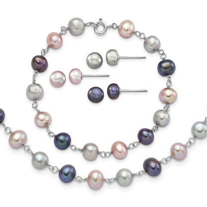 Sterling Silver Rh Grey/Pink/Black Fwc Pearl Neck/7.25 Brace/3Pc Earring