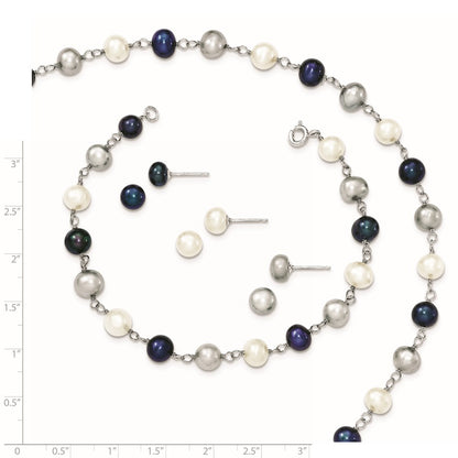 Sterling Silver Rhodium Fwc Pearl Necklace/ Bracelet/3Pc Earring Set