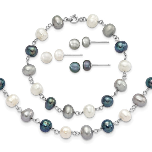 Sterling Silver Rhodium Fwc Pearl Necklace/ Bracelet/3Pc Earring Set