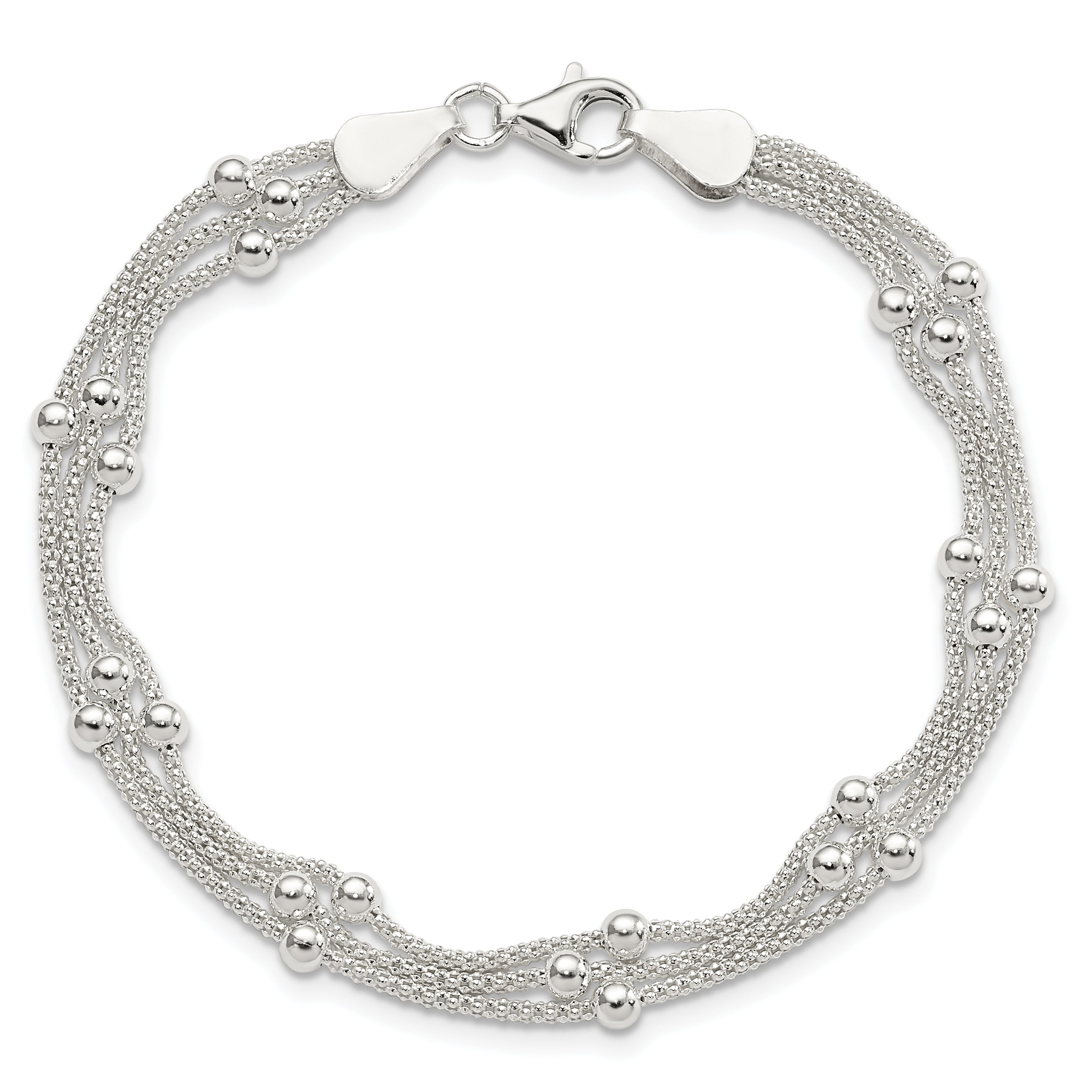 7 Inch Sterling Silver Polished Beaded 3-Strand Bracelet
