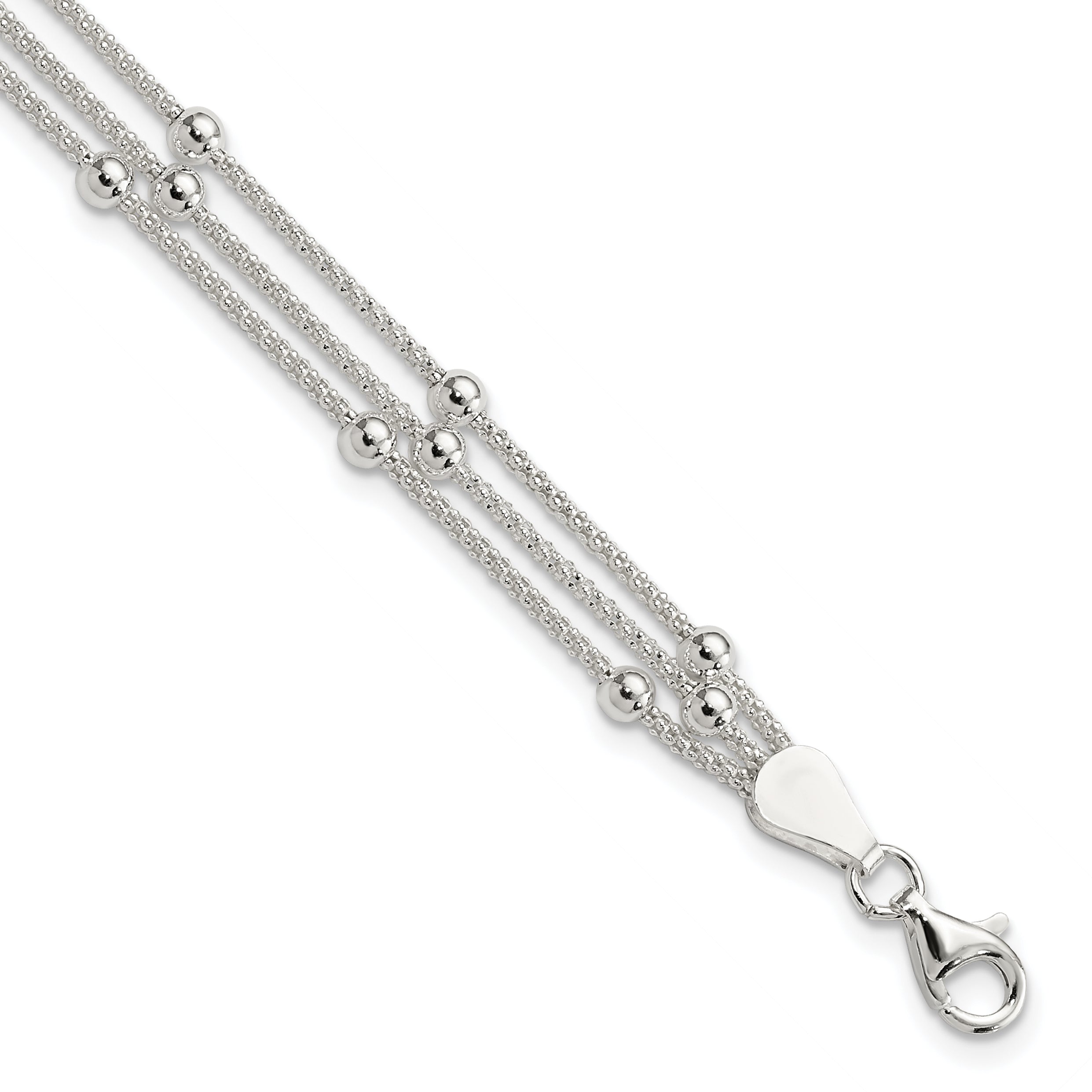 7 Inch Sterling Silver Polished Beaded 3-Strand Bracelet