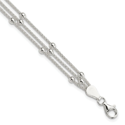 7 Inch Sterling Silver Polished Beaded 3-Strand Bracelet