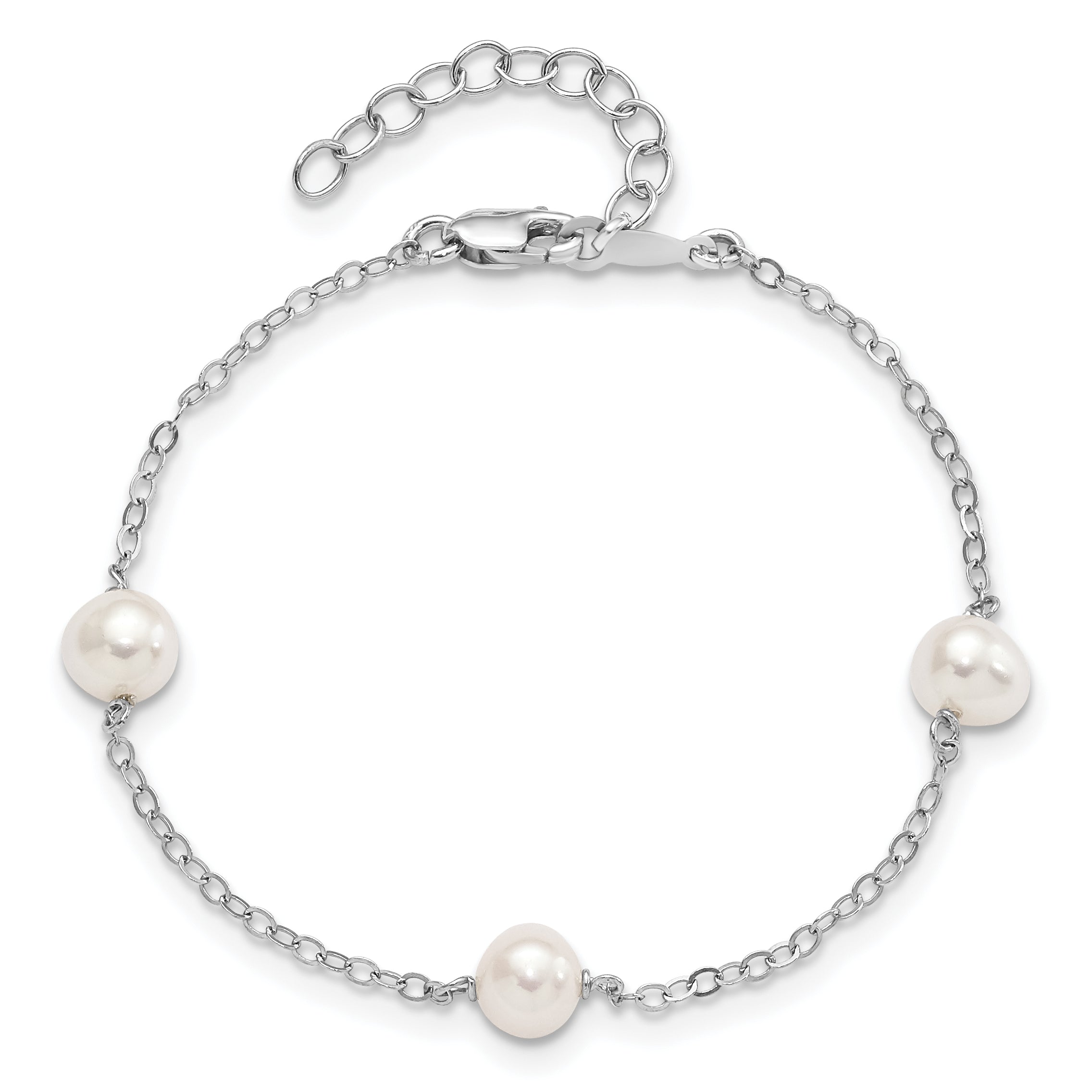 7.5 Inch Sterling Silver Rh-Plated 5-6mm Freshwater Cultured Pearl Bracelet
