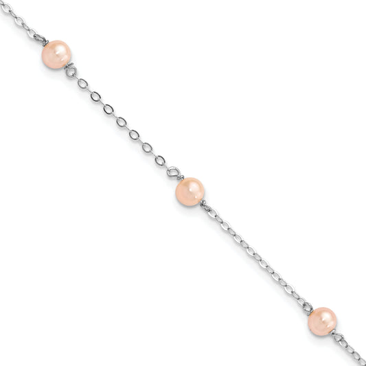 6 Inch Sterling Silver Rh-Pltd 4-5mm Pink Fwc Pearl W/1In Ext Children'S Bracelet