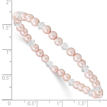 Fashion Children'S 4mm Pink Shell Bead & Crystal Stretch Bracelet
