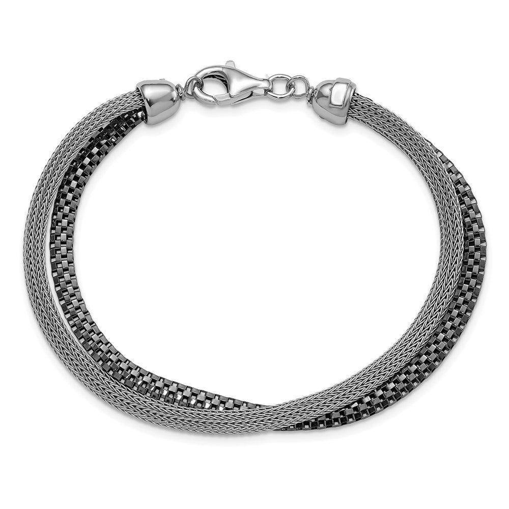 7.5 Inch Sterling Silver W/ Black Rhodium Woven & Box Link Two Strand Bracelet