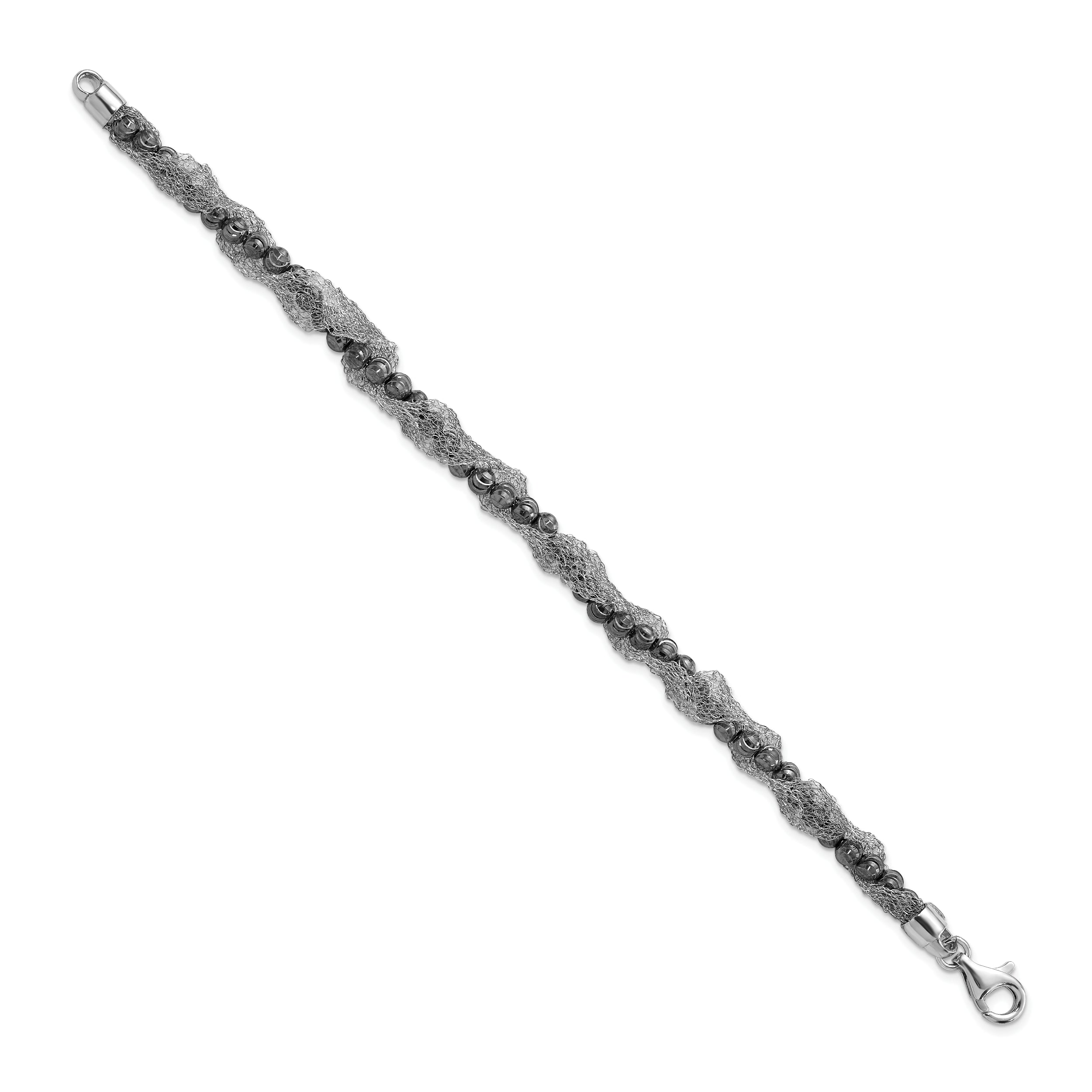 7.25 Inch Sterling Silver Ruthenium-Plated Fancy D/C Beaded & Mesh Bracelet