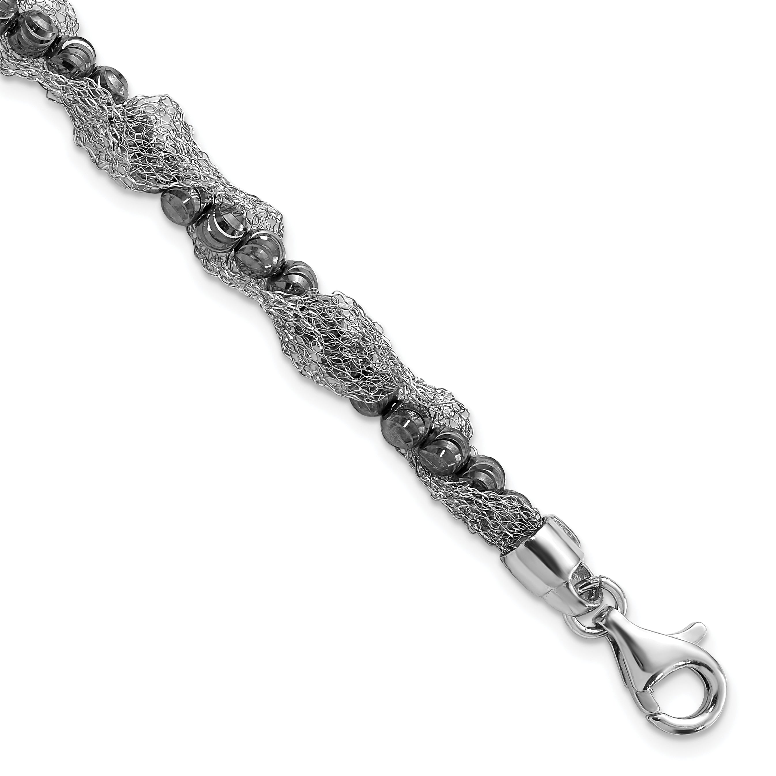 7.25 Inch Sterling Silver Ruthenium-Plated Fancy D/C Beaded & Mesh Bracelet