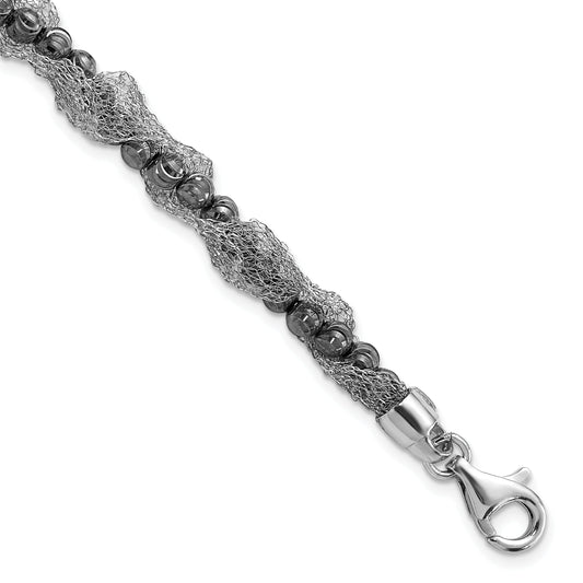 7.25 Inch Sterling Silver Ruthenium-Plated Fancy D/C Beaded & Mesh Bracelet