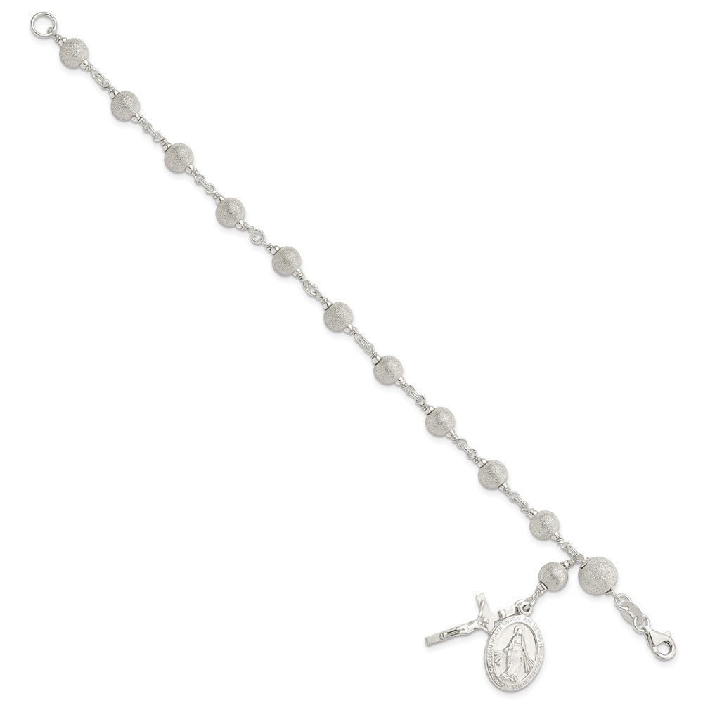 7.75 Inch Sterling Silver Polished Laser-Cut Rosary Bracelet