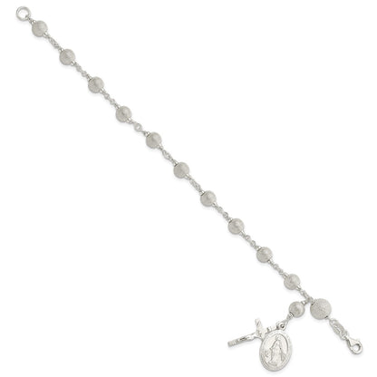 7.75 Inch Sterling Silver Polished Laser-Cut Rosary Bracelet