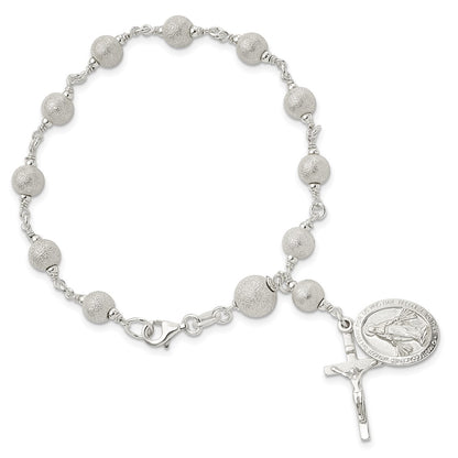 7.75 Inch Sterling Silver Polished Laser-Cut Rosary Bracelet