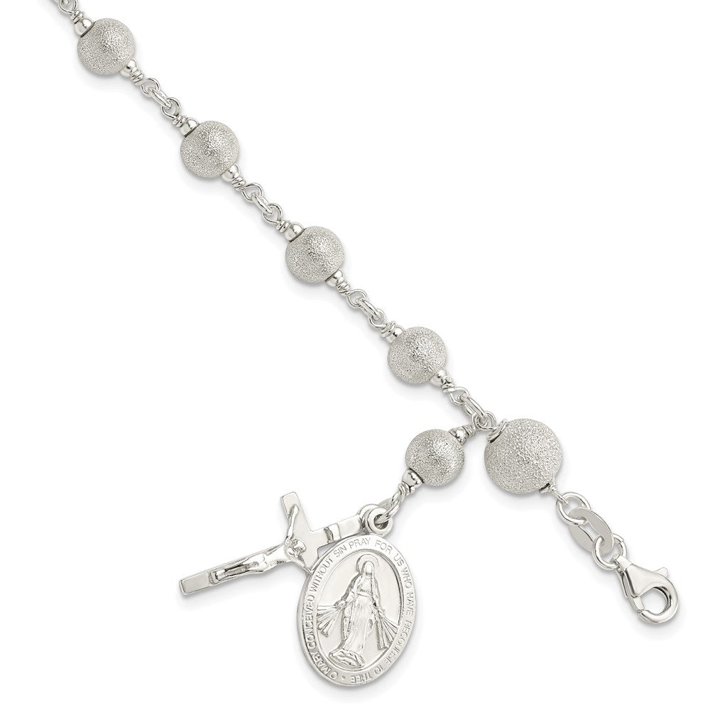 7.75 Inch Sterling Silver Polished Laser-Cut Rosary Bracelet