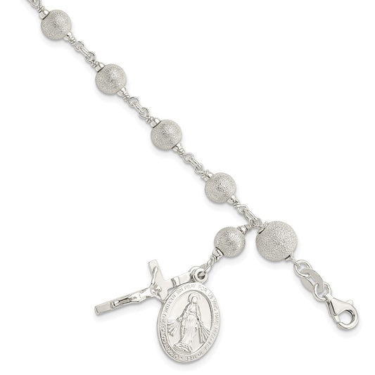 7.75 Inch Sterling Silver Polished Laser-Cut Rosary Bracelet