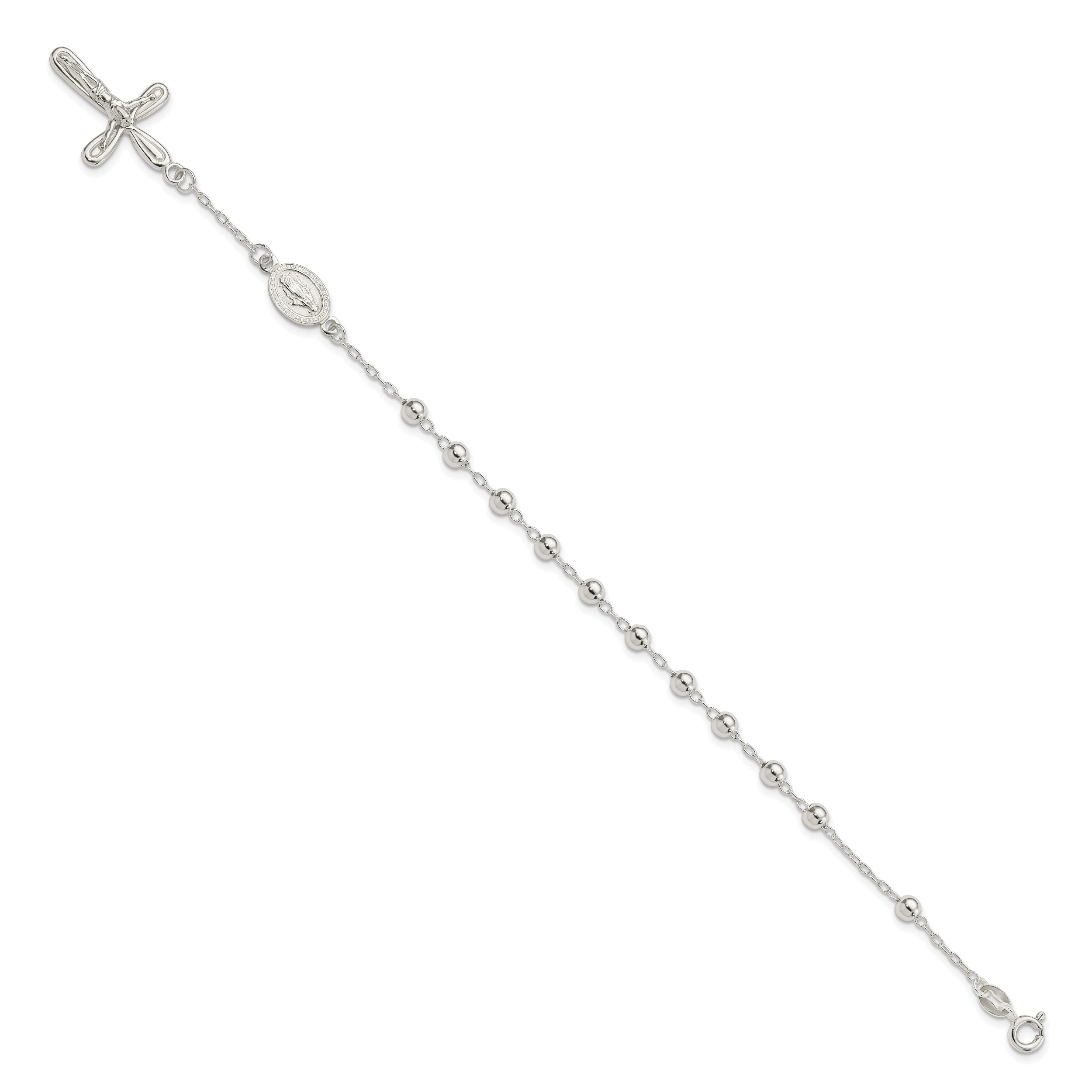 Sterling Silver Polished Beaded Single Decade Rosary 7.5 Inch Bracelet