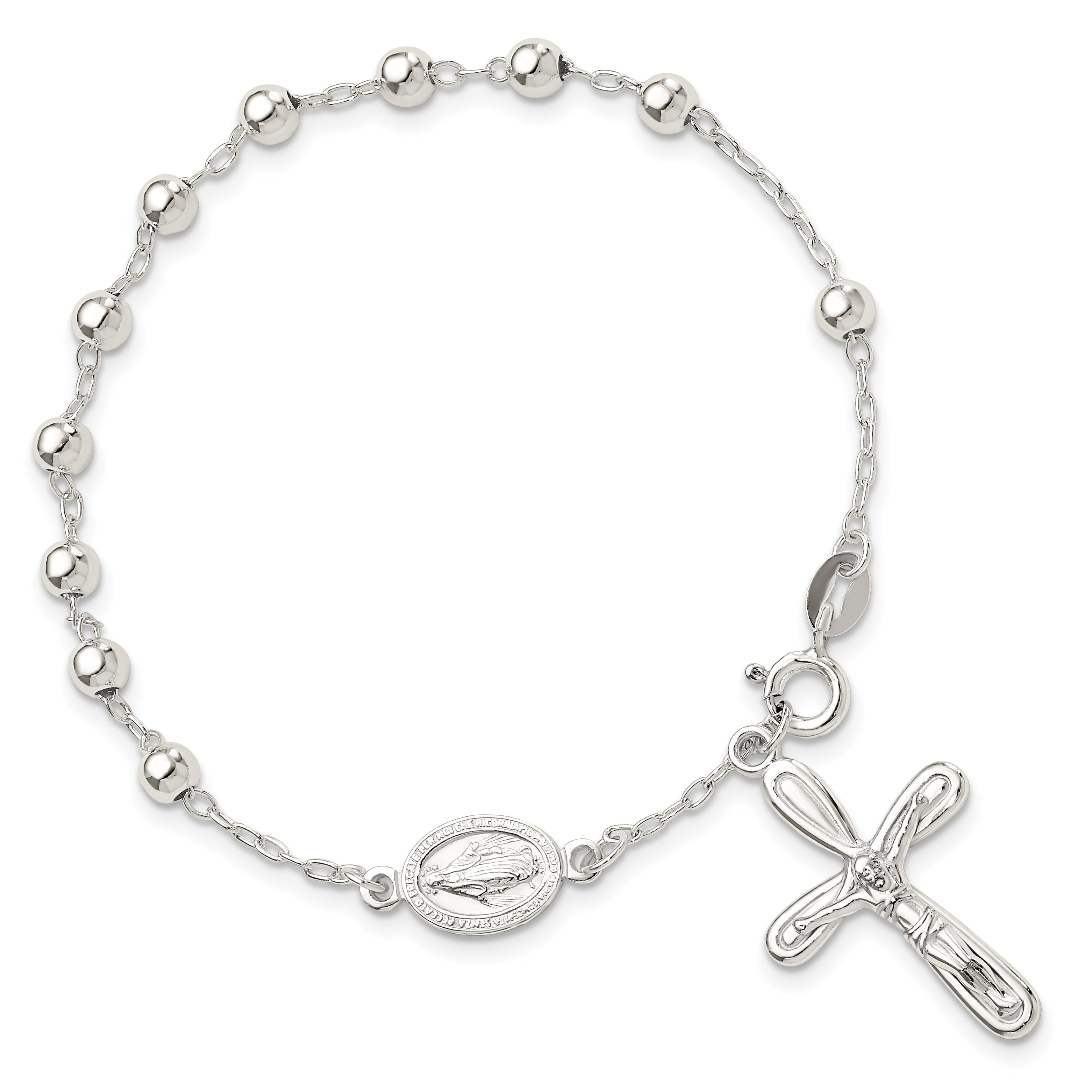 Sterling Silver Polished Beaded Single Decade Rosary 7.5 Inch Bracelet