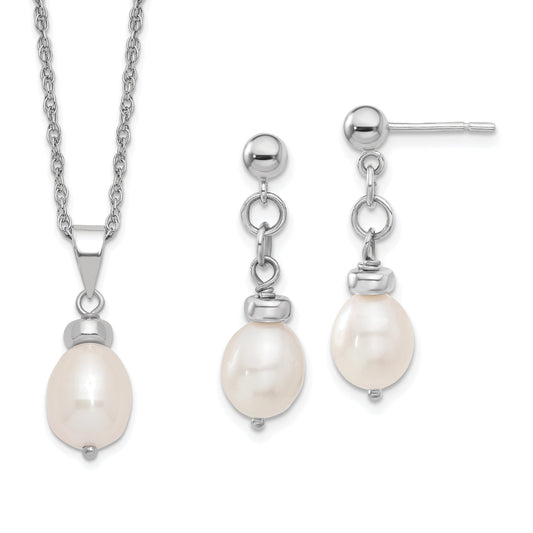 Sterling Silver 7-8mm Fwc Pearl Pendant/Earrings Boxed Set