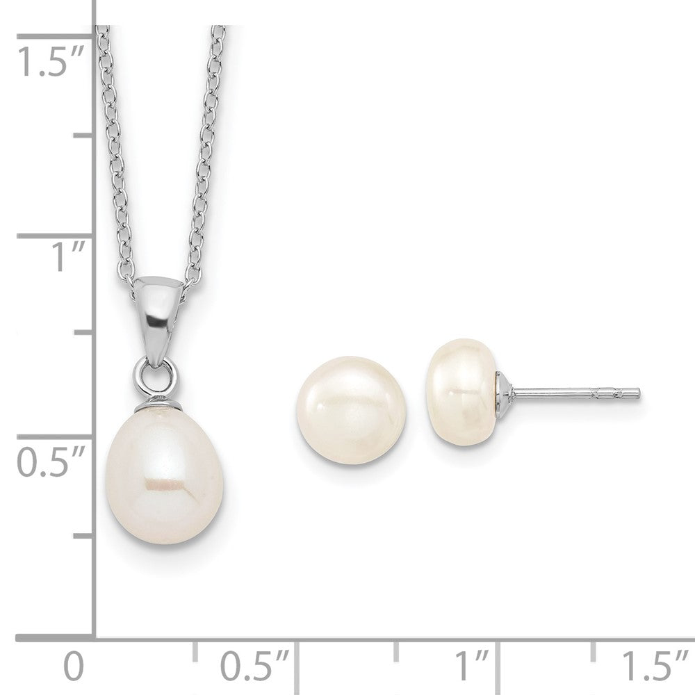 Sterling Silver Rhodium-Plated Fwc Pearl Necklace/Stud Earring Set