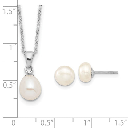 Sterling Silver Rhodium-Plated Fwc Pearl Necklace/Stud Earring Set