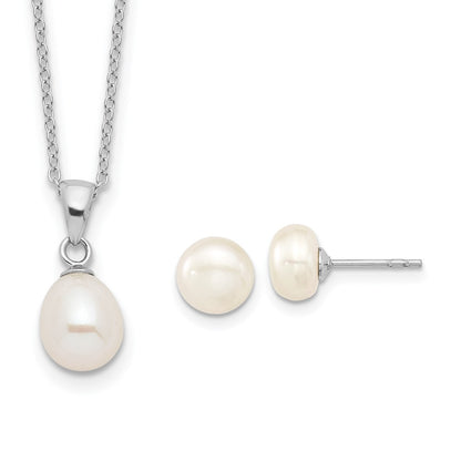 Sterling Silver Rhodium-Plated Fwc Pearl Necklace/Stud Earring Set