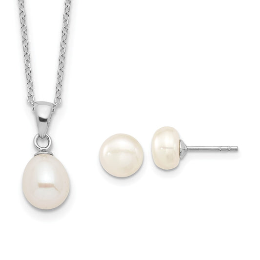 Sterling Silver Rhodium-Plated Fwc Pearl Necklace/Stud Earring Set