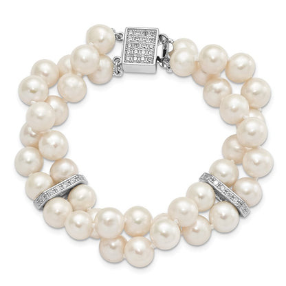 7 Inch Sterling Silver Rhodium 7-8mm White Fwc Pearl 2-Strand Cz Fancy Bracelet