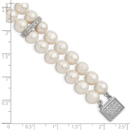 7 Inch Sterling Silver Rhodium 7-8mm White Fwc Pearl 2-Strand Cz Fancy Bracelet