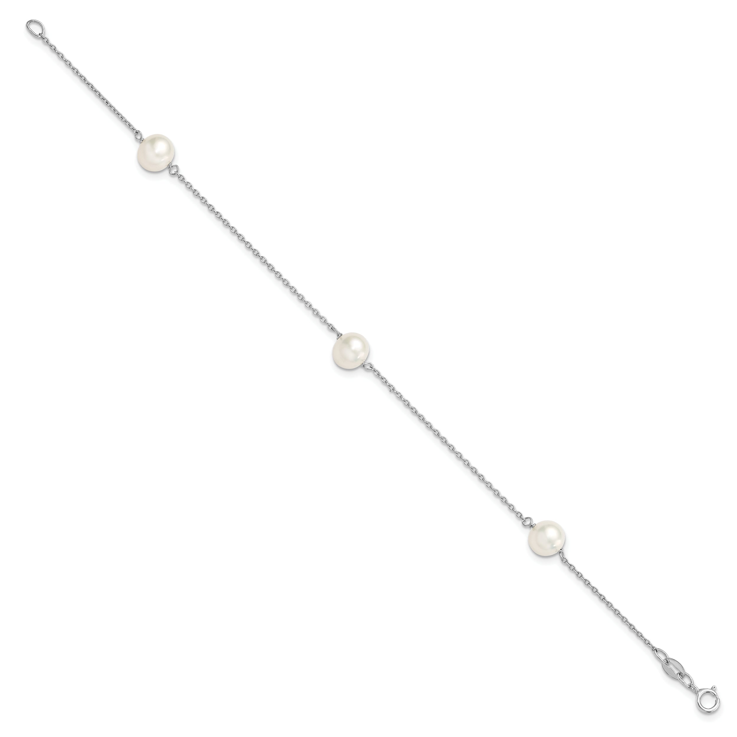 7.5 Inch Sterling Silver Rh-Plated 3-Stat 7-8mm White Semi-Round Fwc Pearl Bracelet