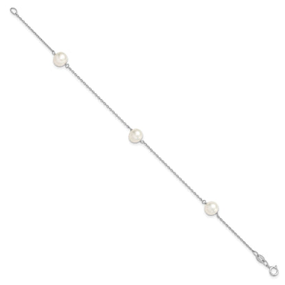7.5 Inch Sterling Silver Rh-Plated 3-Stat 7-8mm White Semi-Round Fwc Pearl Bracelet