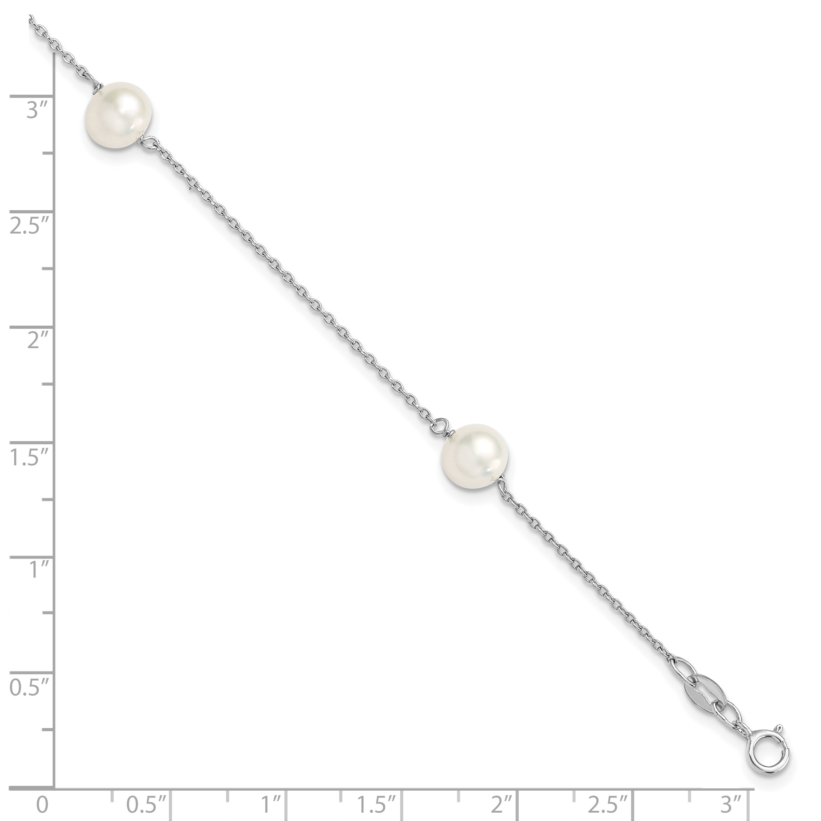 7.5 Inch Sterling Silver Rh-Plated 3-Stat 7-8mm White Semi-Round Fwc Pearl Bracelet