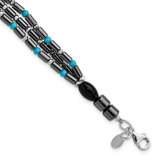 8 Inch Sterling Silver Agate, Crystal, Hematite And Turquoise Multistrand W/1In Ext Bracelet