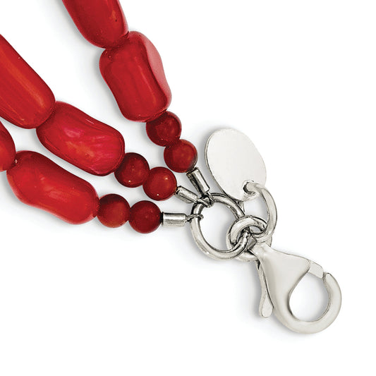 Sterling Silver Triple Strand Red Coral 7 Inch Bracelet With 1 Extension