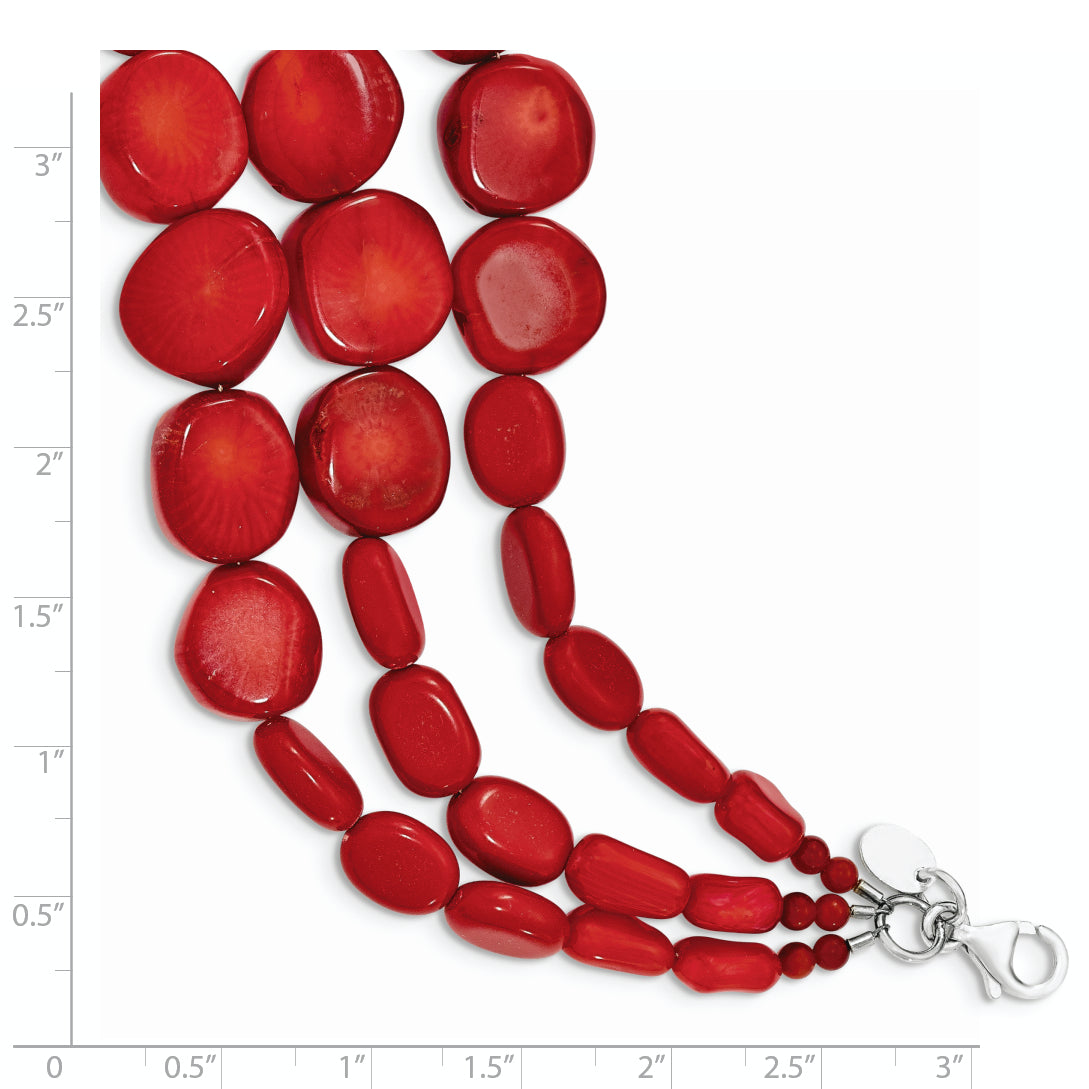 Sterling Silver Triple Strand Red Coral 7 Inch Bracelet With 1 Extension