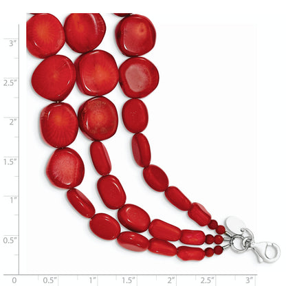 Sterling Silver Triple Strand Red Coral 7 Inch Bracelet With 1 Extension