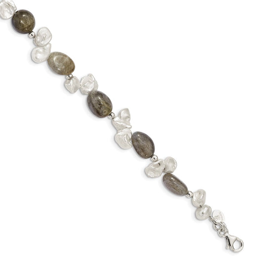 7 Inch Sterling Silver Labradorite & Fwc Keshi Pearl W/1In Ext. Fancy Bracelet